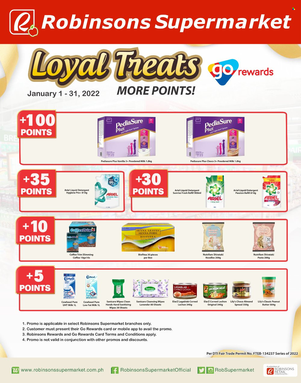 Robinsons Supermarket offer  - 1.1.2022 - 31.1.2022 - Sales products - pasta, noodles, butter, powdered milk, coffee, cleansing wipes, wipes, Sanicare, detergent, antiseptic wipes, Ariel, liquid detergent. Page 1.