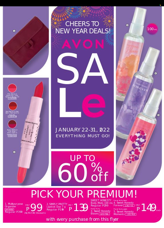 Avon offer  - 22.1.2022 - 31.1.2022 - Sales products - Avon, lipstick, hat, Go!. Page 1.