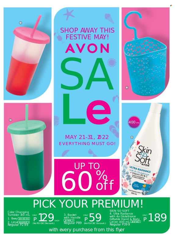 Avon offer  - 21.5.2022 - 31.5.2022 - Sales products - Avon, Skin So Soft, tumbler, Go!. Page 1.