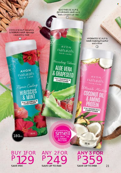 Avon offer  - 1.8.2022 - 31.8.2022 - Sales products - oil, shampoo, Avon, coconut oil, conditioner. Page 23.