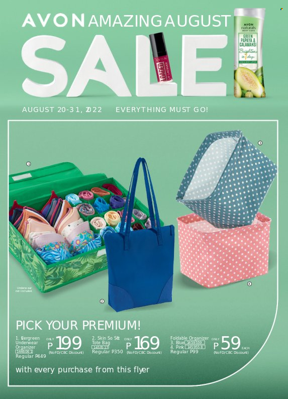 Avon offer  - 20.8.2022 - 31.8.2022 - Sales products - Avon, bag, tote, tote bag, Go!, underwear. Page 1.