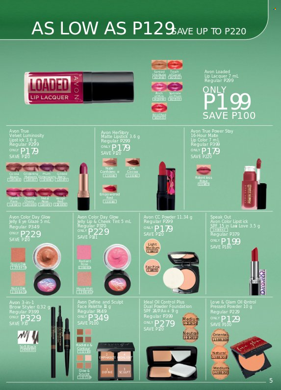 Avon offer  - 20.8.2022 - 31.8.2022 - Sales products - jelly, oil, Avon, Palette, lip color, lipstick, cheek tint, contour, face powder, powder foundation. Page 5.