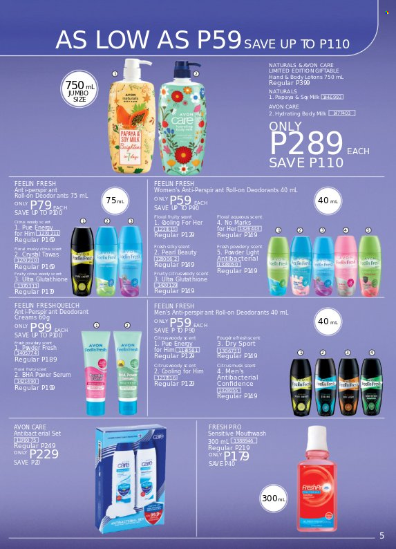 Avon offer  - 24.9.2022 - 30.9.2022 - Sales products - Avon, mouthwash, serum, body milk, anti-perspirant, roll-on, deodorant. Page 5.