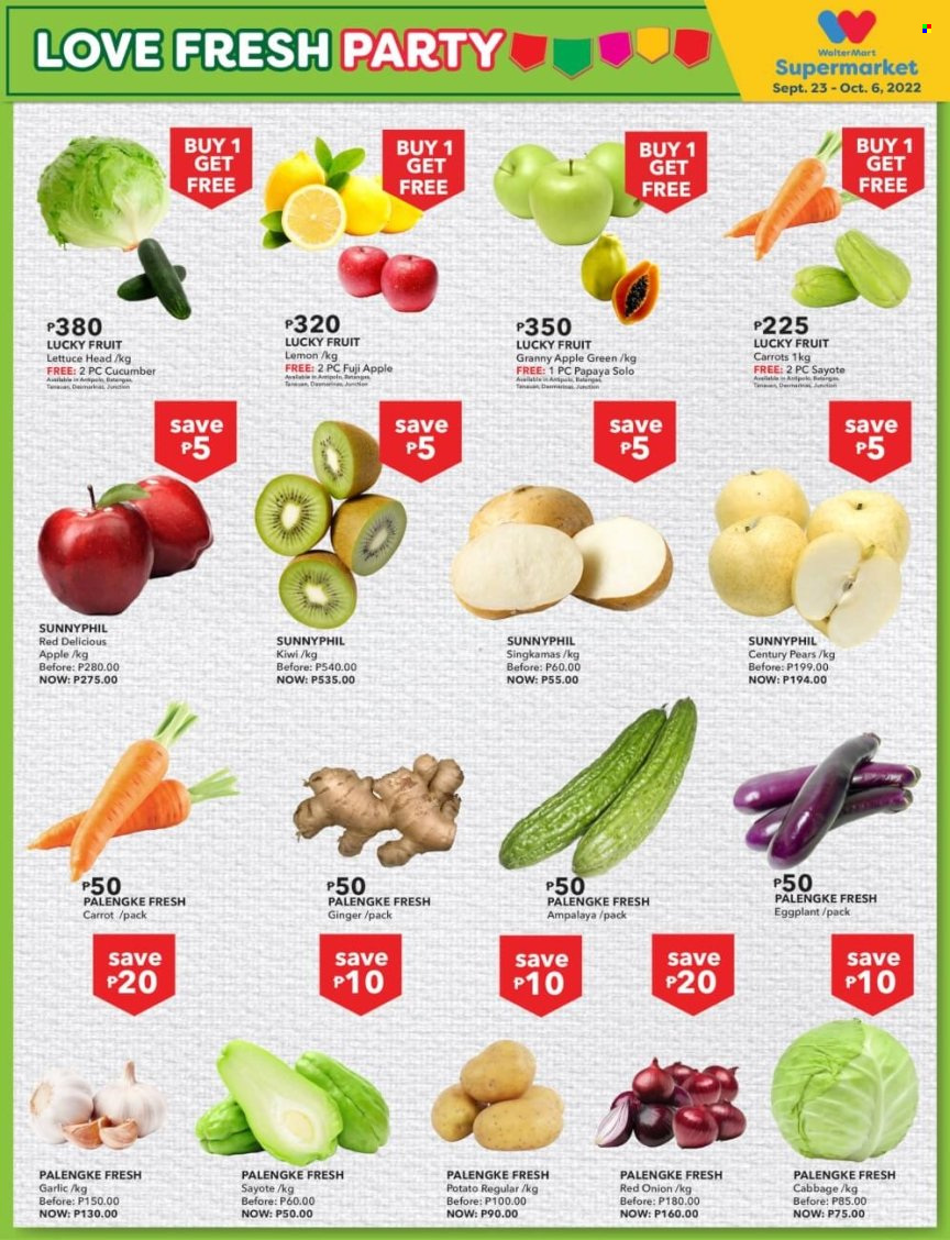 Walter Mart offer  - 23.9.2022 - 6.10.2022 - Sales products - kiwi, Red Delicious apples, papaya, pears, Fuji apple, cabbage, carrots, garlic, ginger, onion, lettuce, eggplant. Page 2.