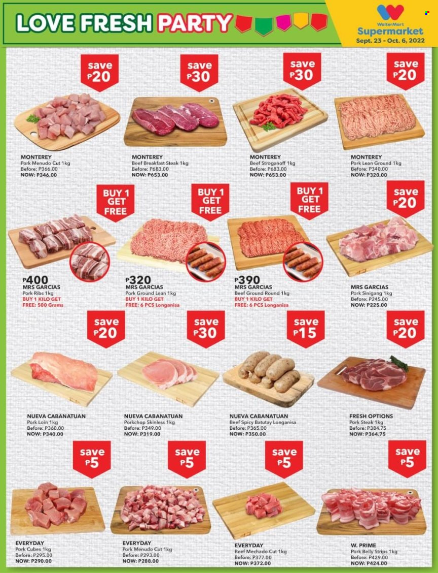 Walter Mart offer  - 23.9.2022 - 6.10.2022 - Sales products - strips, steak, pork belly, pork chops, pork loin, pork meat, pork ribs. Page 3.