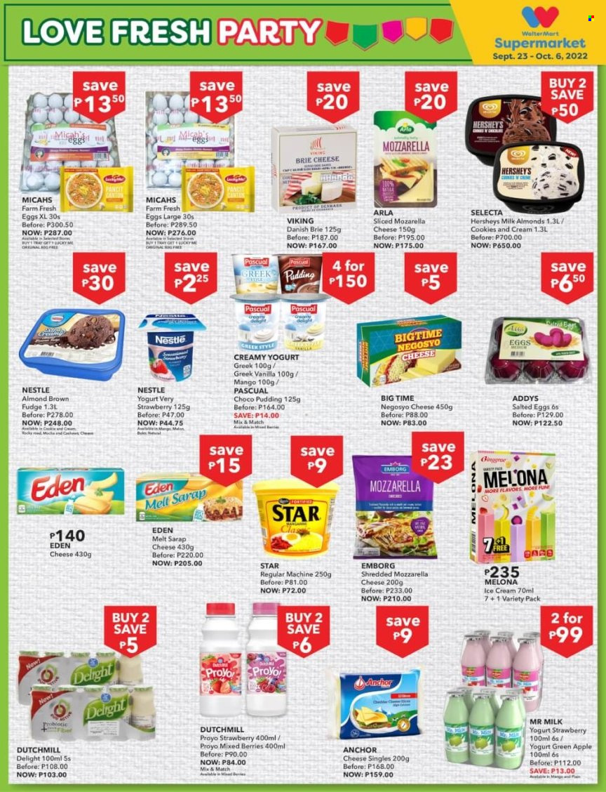 Walter Mart offer  - 23.9.2022 - 6.10.2022 - Sales products - mango, mozzarella, cheese, brie cheese, Arla, pudding, yoghurt, milk, eggs, Anchor, ice cream, Hershey's, cookies, Fudge, Nestlé, almonds, cashews. Page 4.