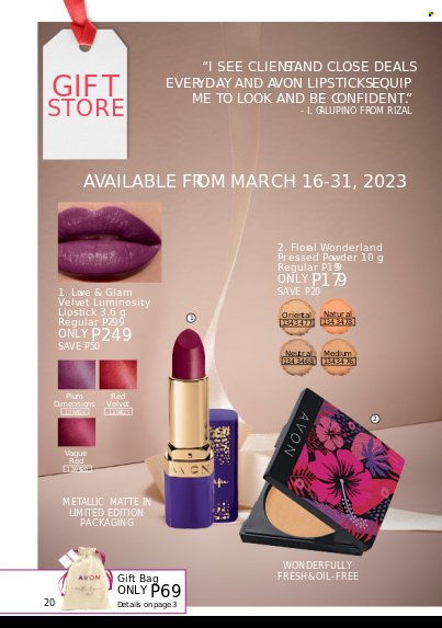 Avon offer  - 1.3.2023 - 31.3.2023 - Sales products - Avon, lipstick, face powder. Page 20.