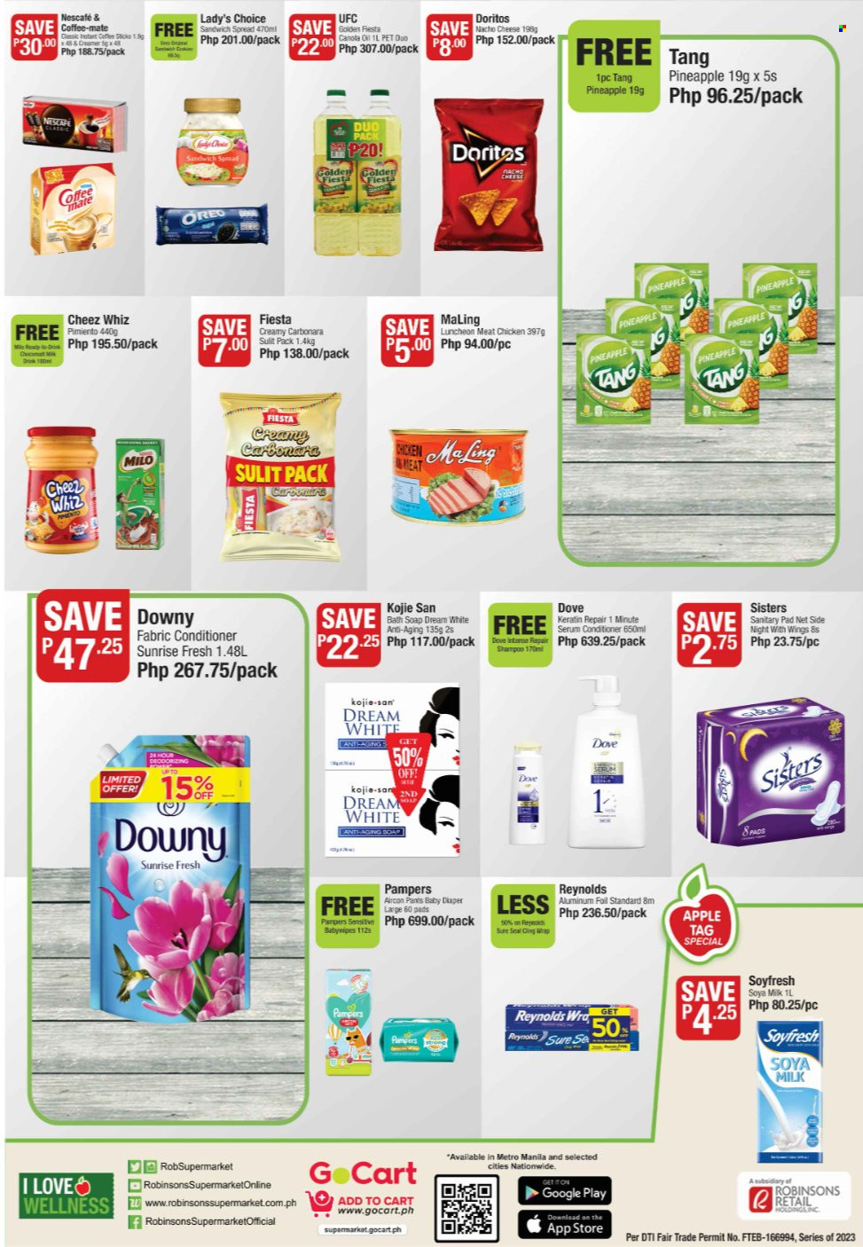 Robinsons Supermarket offer  - 19.5.2023 - 1.6.2023 - Sales products - pineapple, chicken, sandwich, cheese, Oreo, Coffee-Mate, soy milk, Milo, soya milk, creamer, Dove, Doritos, salty snack, canola oil, instant coffee, Nescafé, Pampers, pants, fabric conditioner, Downy laundry, shampoo, soap, serum, keratin, Sure. Page 2.