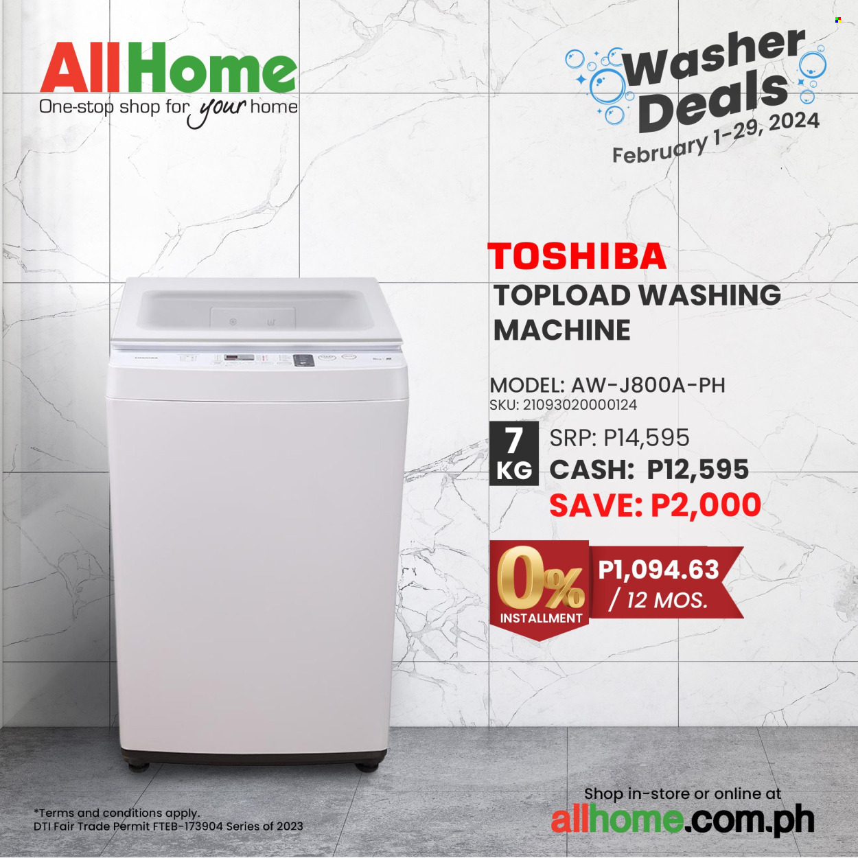 thumbnail - AllHome offer  - 1.2.2024 - 29.2.2024 - Sales products - Toshiba, washing machine. Page 1.