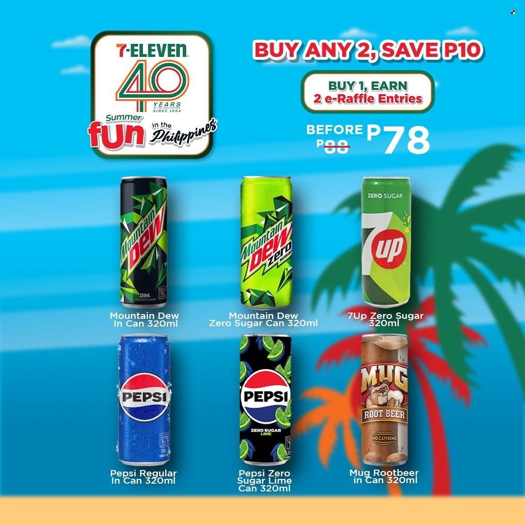 thumbnail - 7 Eleven offer  - 20.3.2024 - 14.5.2024 - Sales products - Mountain Dew, Pepsi, soft drink, 7UP, carbonated soft drink, alcohol, beer, mug. Page 20.