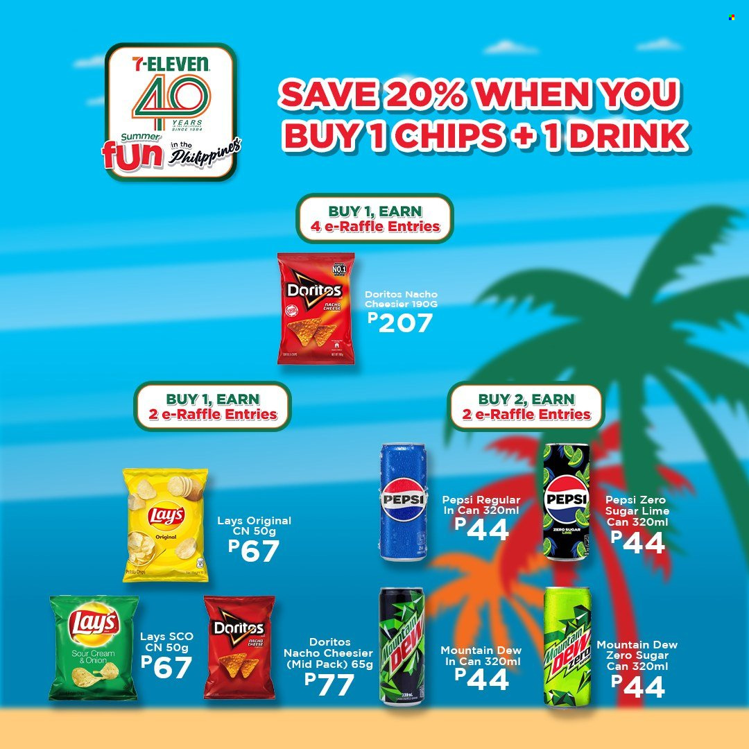 thumbnail - 7 Eleven offer  - 20.3.2024 - 14.5.2024 - Sales products - Doritos, chips, Lay’s, salty snack, Mountain Dew, Pepsi, soft drink, carbonated soft drink. Page 23.
