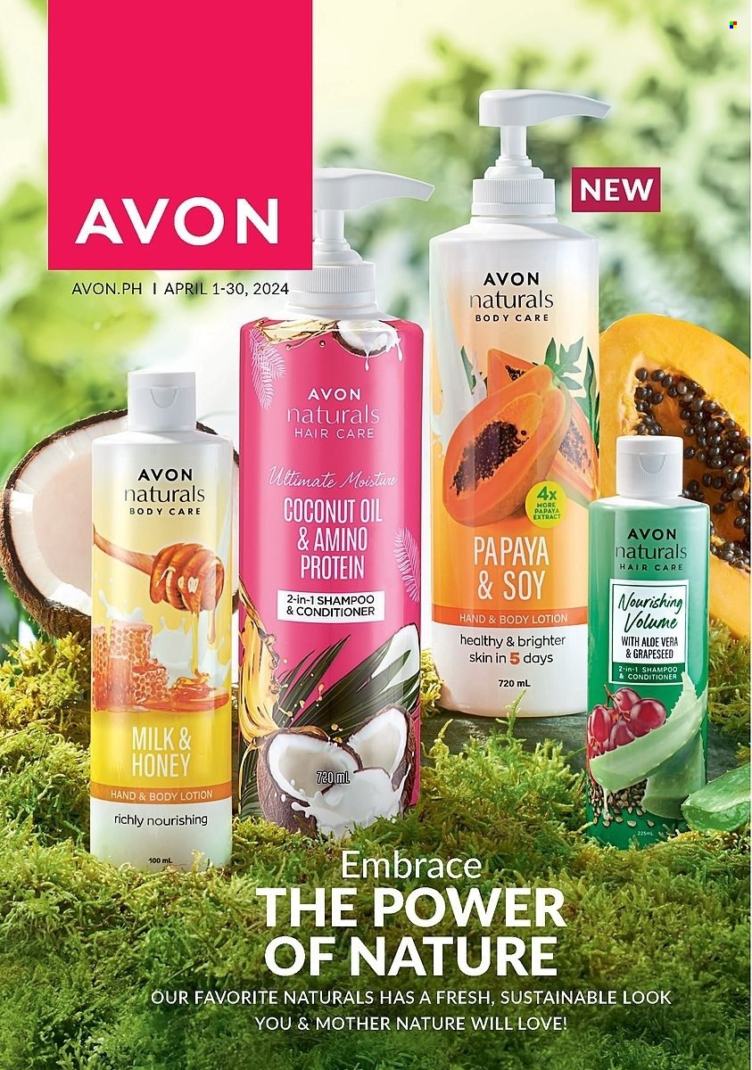 thumbnail - Avon offer  - 1.4.2024 - 30.4.2024 - Sales products - body care, shampoo, Avon, hair products, coconut oil, conditioner, body lotion, aloe vera. Page 1.