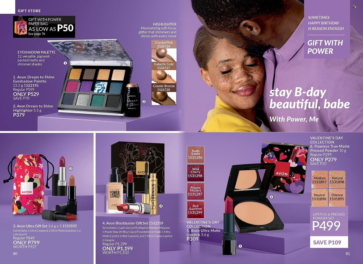 thumbnail - Avon offer  - 1.4.2024 - 30.4.2024 - Sales products - Avon, gift set, eye palette, eyeshadow, lipstick, mascara, shades, face powder, highlighters, liquid foundation. Page 41.