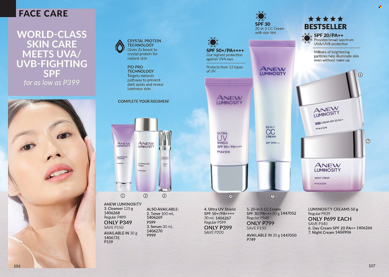thumbnail - Avon offer  - 1.4.2024 - 30.4.2024 - Sales products - Anew, cleanser, day cream, serum, toner, night cream, skin care product, makeup, cc cream. Page 54.