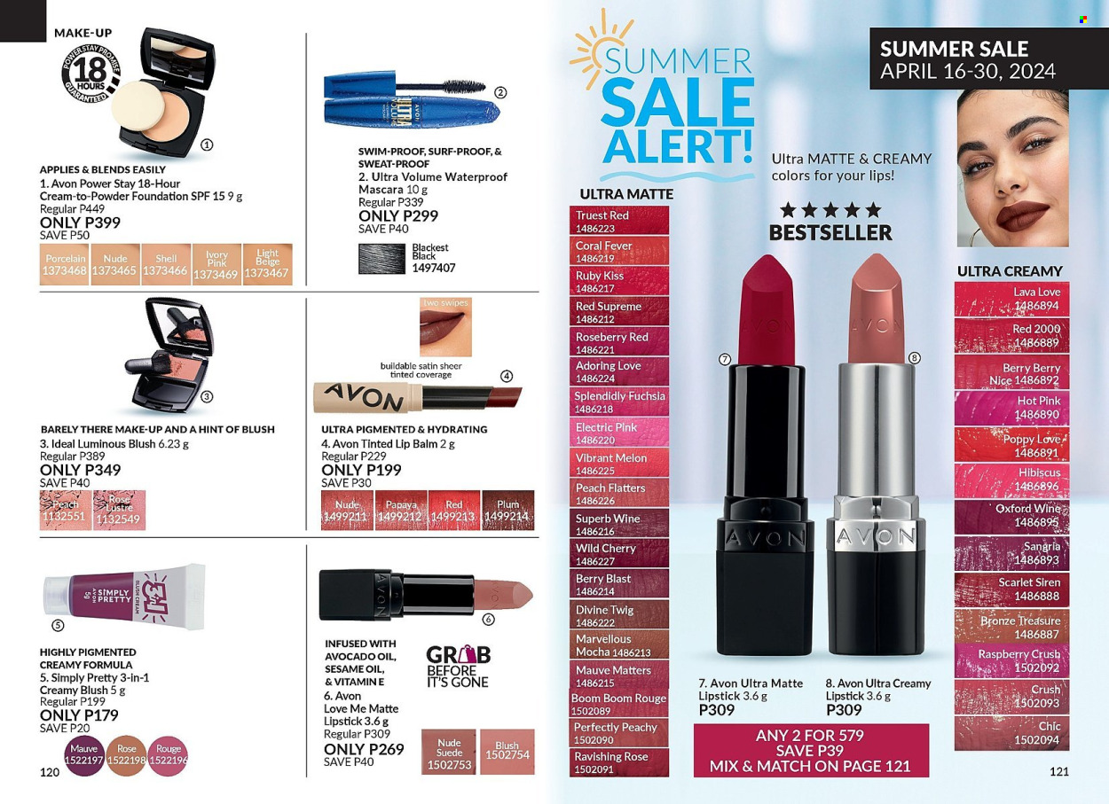 thumbnail - Avon offer  - 1.4.2024 - 30.4.2024 - Sales products - Surf, Avon, lip balm, lipstick, makeup, mascara, waterproof mascara, face powder, powder foundation. Page 61.