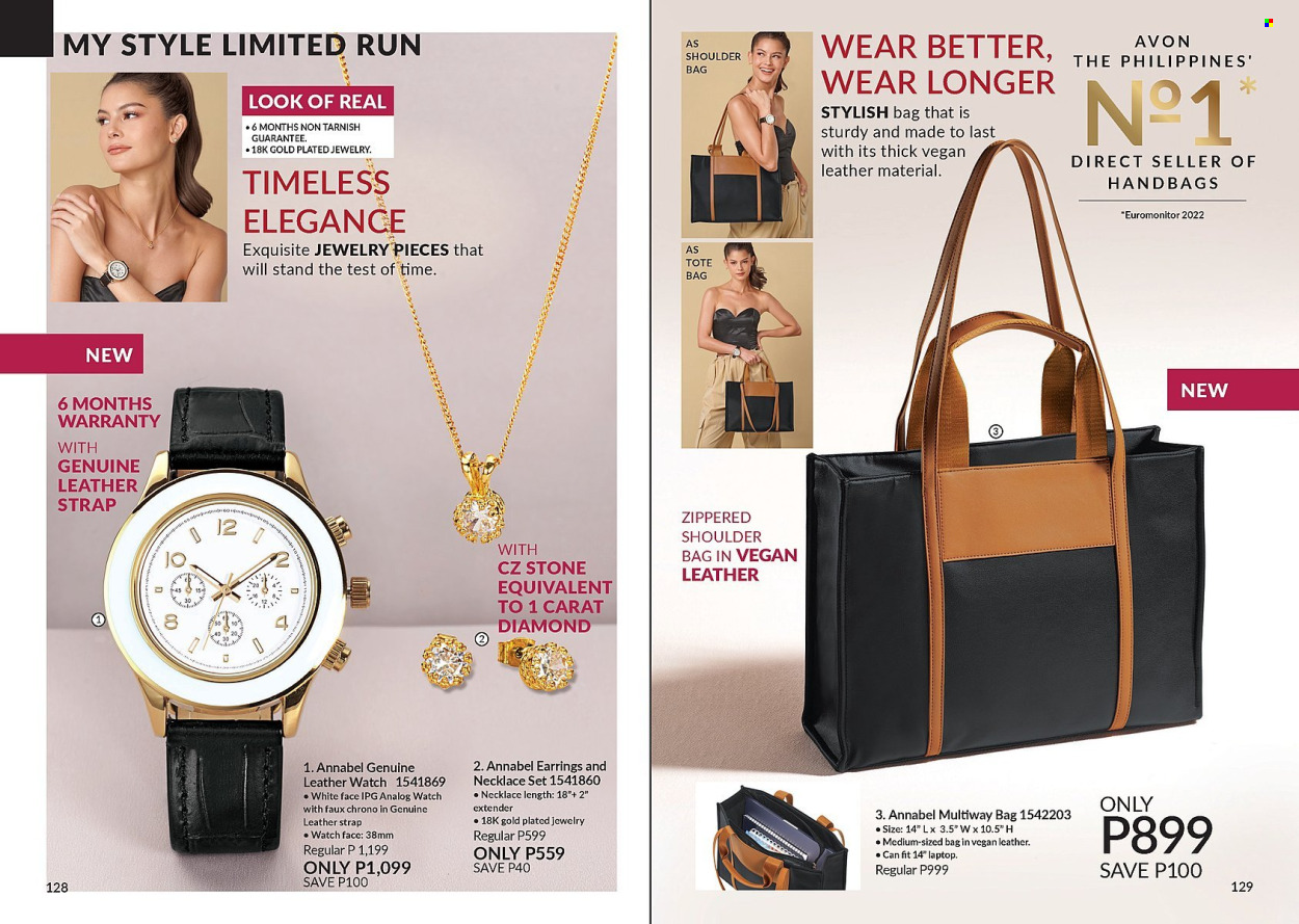 thumbnail - Avon offer  - 1.4.2024 - 30.4.2024 - Sales products - Avon, bag, handbag, tote, tote bag, shoulder bag, earrings, necklace, watch, jewelry. Page 65.