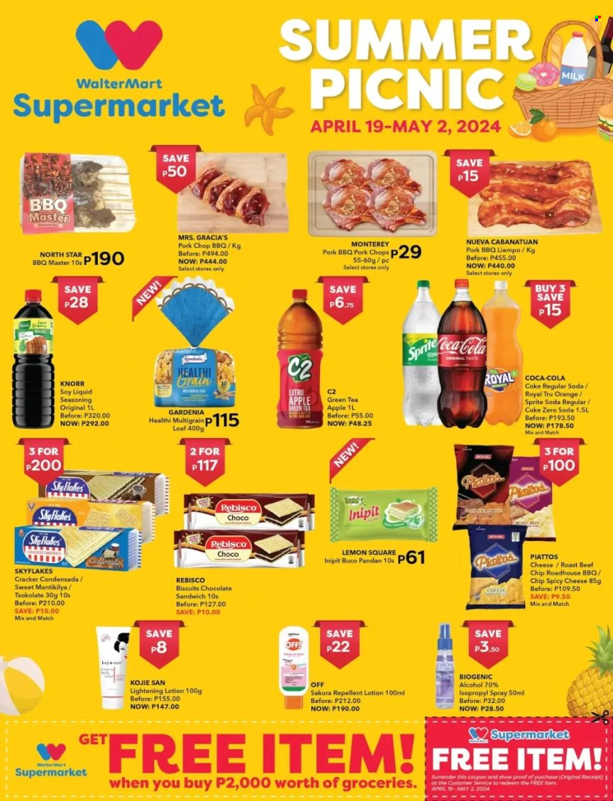 thumbnail - Walter Mart offer  - 19.4.2024 - 2.5.2024 - Sales products - lemons, sandwich, Knorr, roast, roast beef, cheese, milk, crackers, biscuit, Skyflakes, spice, seasoning, Coca-Cola, Sprite, soft drink, Coca-Cola zero, Coke, soda, carbonated soft drink, green tea, alcohol, beef meat, pork chops, pork meat, repellent. Page 1.