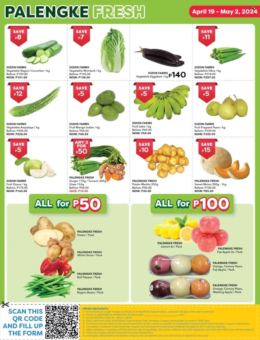 thumbnail - Walter Mart offer  - 19.4.2024 - 2.5.2024 - Sales products - guava, mango, pears, Fuji apple, lemons, melons, beans, bell peppers, cucumber, ginger, okra, onion, eggplant, pepper. Page 2.