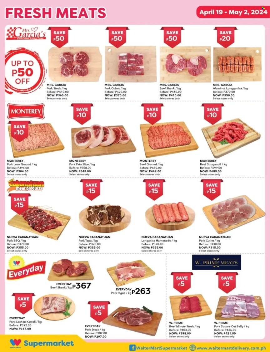 thumbnail - Walter Mart offer  - 19.4.2024 - 2.5.2024 - Sales products - ready meal, Beef Stroganoff, beef meat, beef shank, ground beef, steak, pork chops, pork meat. Page 3.
