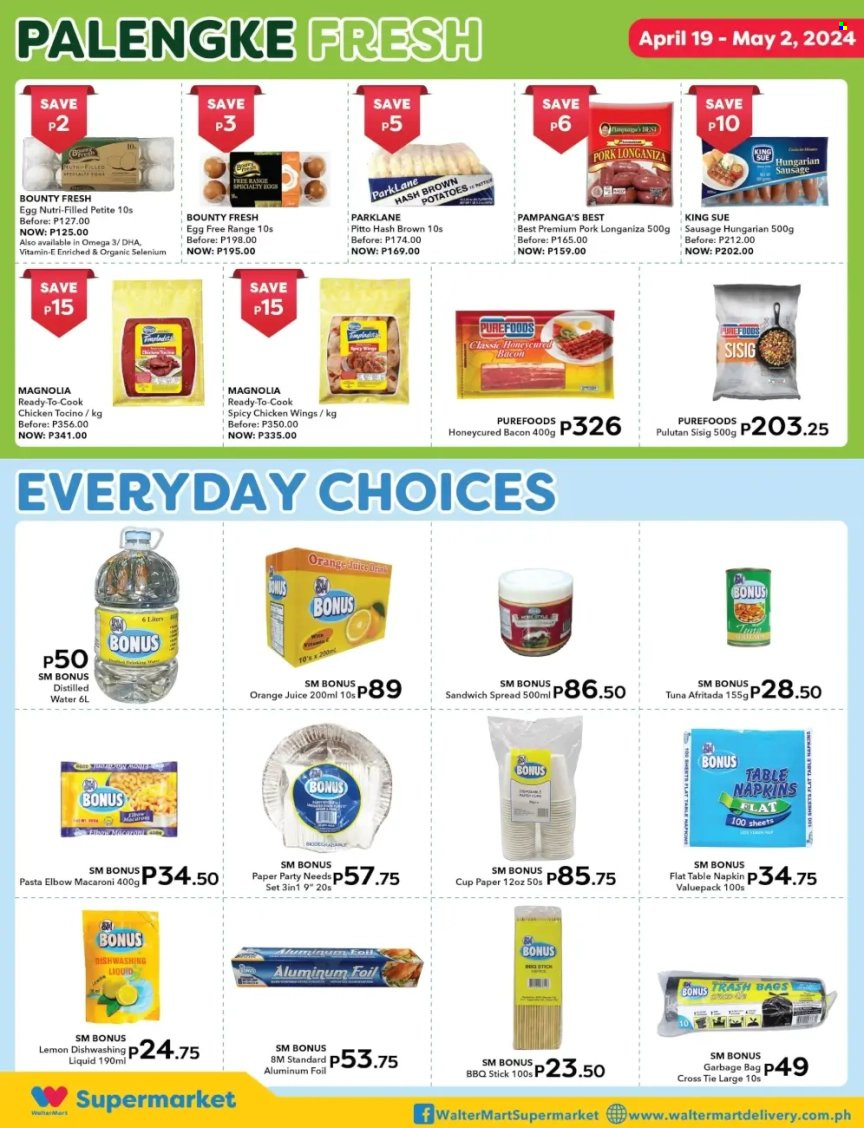 thumbnail - Walter Mart offer  - 19.4.2024 - 2.5.2024 - Sales products - potatoes, tuna, sandwich, macaroni, pasta, bacon, sausage, chicken wings, Bounty, orange juice, juice, water, chicken, napkins, trash bags. Page 4.