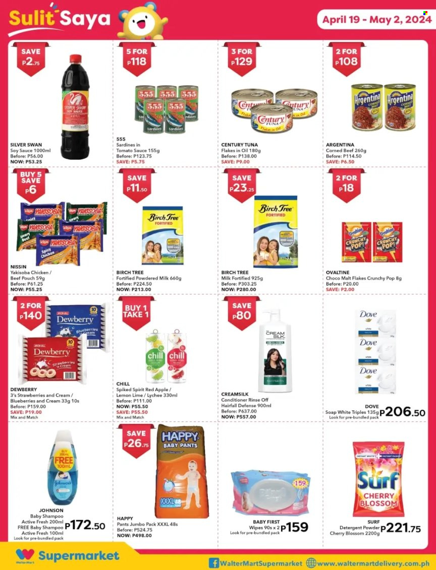 thumbnail - Walter Mart offer  - 19.4.2024 - 2.5.2024 - Sales products - blueberries, lychee, corn, sardines, tuna, Nissin, sardines in tomato sauce, corned beef, Birch Tree, Dove, powdered milk, malt, soy sauce, spirit, chicken, wipes, pants, Johnson's, baby pants, detergent, laundry powder, Surf, shampoo, soap, conditioner, Cream Silk. Page 5.