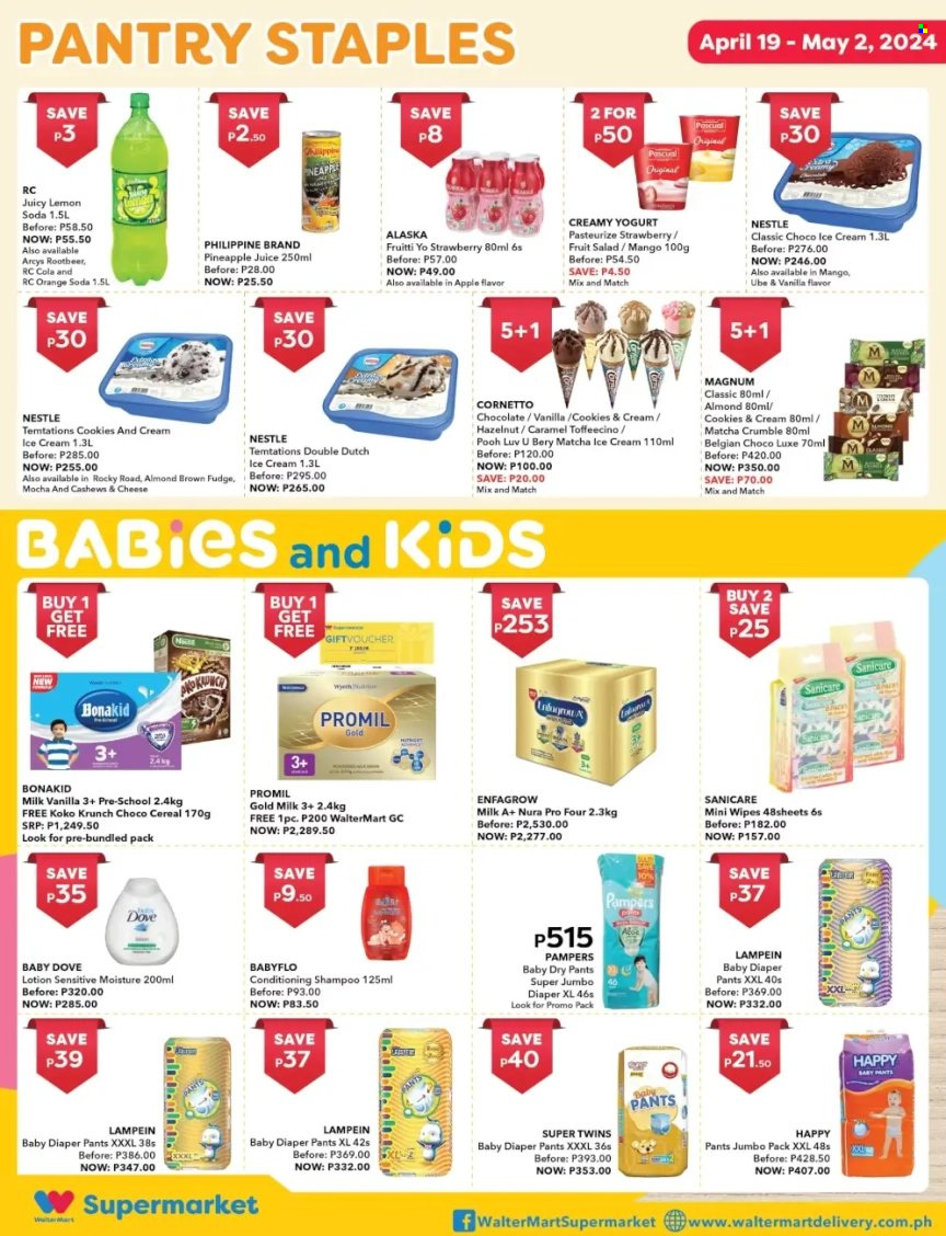 thumbnail - Walter Mart offer  - 19.4.2024 - 2.5.2024 - Sales products - mango, salad, Dove, Magnum, ice cream, Cornetto, Nestlé, fruit salad, cashews, pineapple juice, juice, soda, wipes, Pampers, pants, nappies, Sanicare, shampoo. Page 7.