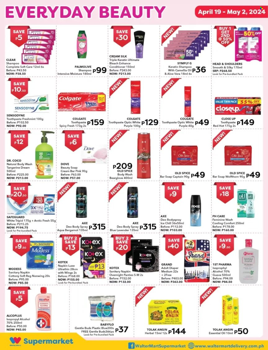thumbnail - Walter Mart offer  - 19.4.2024 - 2.5.2024 - Sales products - guava, mandarines, Dove, aloe vera, bleach, body wash, shampoo, Old Spice, Palmolive, soap bar, soap, PH care, Colgate, toothpaste, Sensodyne, Closeup, sanitary napkins, Kotex, conditioner, Head & Shoulders, keratin, Cream Silk, body spray, deodorant, Axe. Page 8.