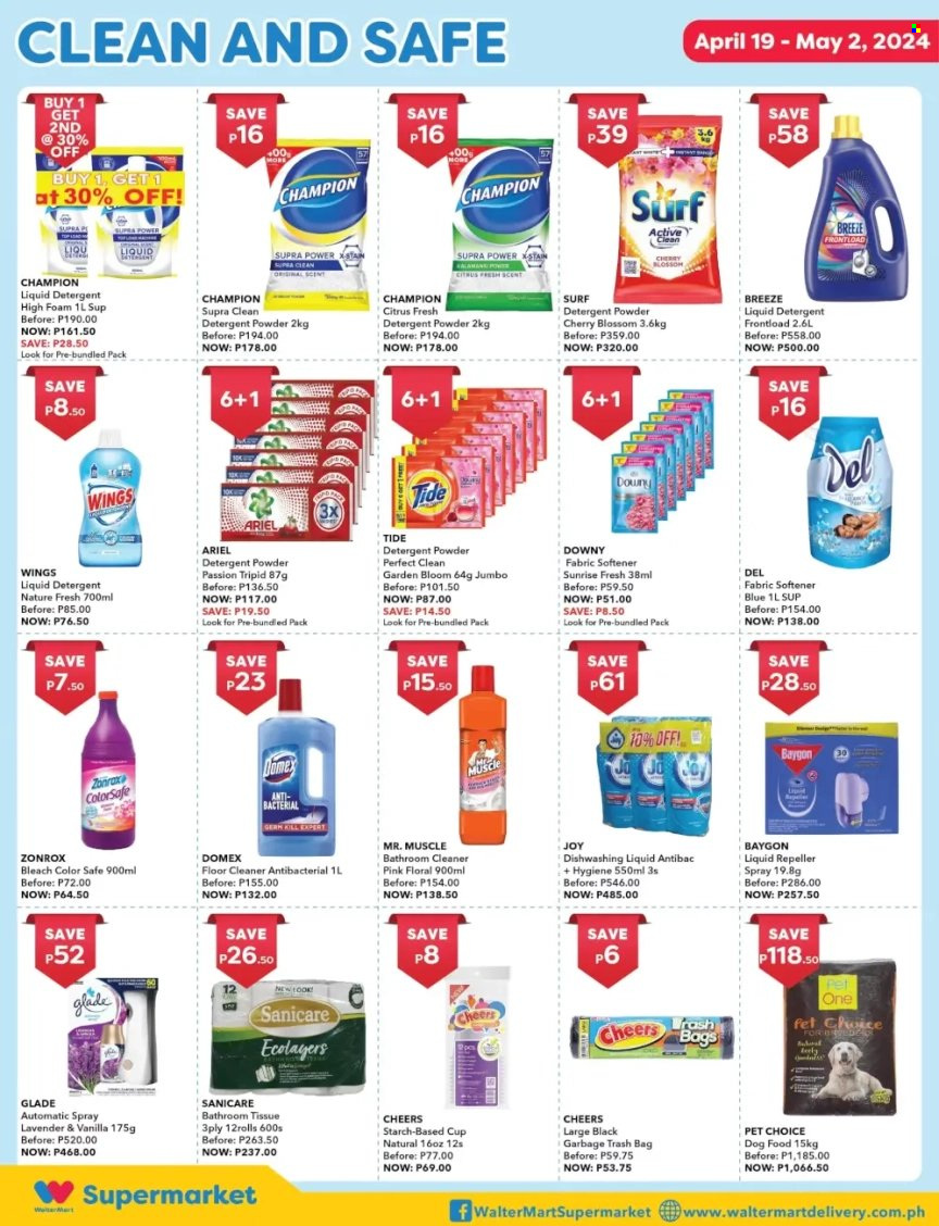 thumbnail - Walter Mart offer  - 19.4.2024 - 2.5.2024 - Sales products - Nature Fresh, bath tissue, Sanicare, detergent, cleaner, bleach, floor cleaner, Domex, Mr. Muscle, bathroom cleaner, Tide, fabric softener, Ariel, liquid detergent, laundry detergent, laundry powder, Surf, Downy Laundry, dishwashing liquid, Joy, trash bags, animal food, dog food. Page 9.